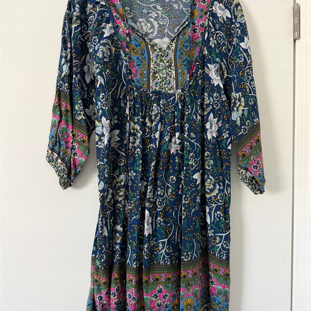 Boho Navy Floral Mini Dress with Pink Border
